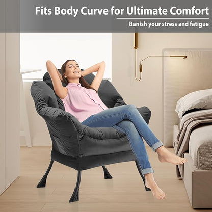 Lazy Chair Thick Padded, Comfy Velvet Accent Lounge Chair with Stable Frame, Leisure Sofa Armchair with Armrests and Side Pocket, Reading Chair for Bedroom, Living Room, Office, Charcoal