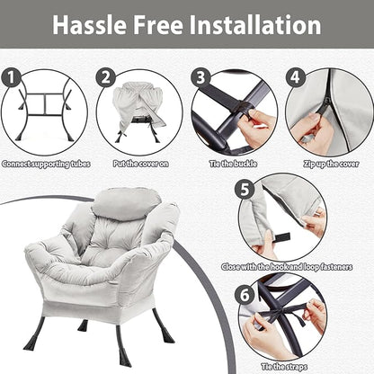 Lazy Chair Thick Padded, Comfy Velvet Accent Lounge Chair with Stable Frame, Leisure Sofa Armchair with Armrests and Side Pocket, Reading Chair for Bedroom, Living Room, Office, Light Gray