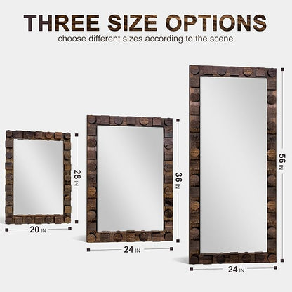 56x24 Inch Handcrafted Solid Wood Square Wall Mirror with Geometric Wood Inlay Design, Rustic Natural Texture for Bathroom, Bedroom, Living Room Decor