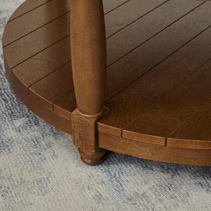 24KF Upholstered Round Coffee Table with Wooden Shelf, Tufted Button Large Round Ottoman with Spindle Wooden Legs, Linen Large Footrest Ottoman Pouf for Living Room, Navy Blue