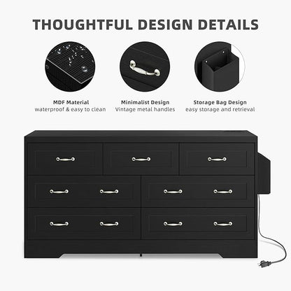 YITAHOME Drawers TV Stand for 65 inches with Power Outlets -Chest of Drawers Dresser with Side Organizer Bag Entertainment Center TV Console, Black