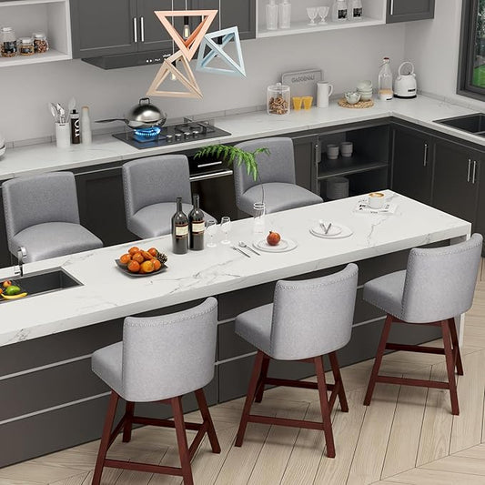 Counter Height Barstools Set of 6,360° Swivel Bar Stools with Back,26 inch Modern Counter barstools,Upholstered Bar Tall Stools for Kitchen Counter,Kitchen Island,Bar, Home (Light Gray, SET OF 6)