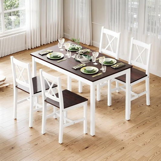 Sogesfurniture Dining Table Set for 4, 42.5" Pine Wood & Walnut Vintage Style, 5 Pieces, Space Saving, Easy Assembly