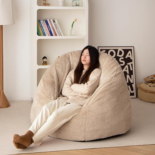 N&V Large Shell Bean Bag Chair, Adult Size Bean Bag Sack, Foam Filling, Includes Removable and Machine Washable Cover, 40in, Soft Faux Fur, Champagne