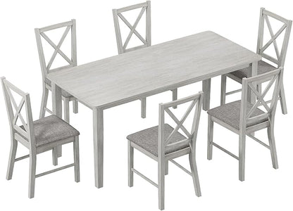 7-Piece Solid Wood Dining Table Set for 6, Modern Breakfast Dinette Kitchen Table with Chairs for Dining Room, Kitchen, Grey