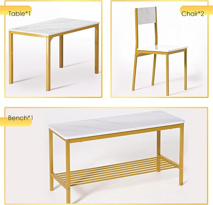 soges 4 Person Dining Table Set,43.3 inch Kitchen Table Set for 4,2 Chairs with Backrest,2-Person Bench with Storage Rack,Nesting Furniture Set for Dining Room and Restaurant, White Gold
