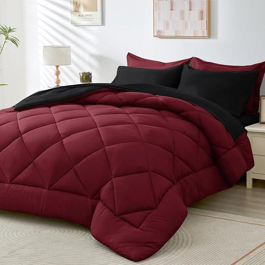 HEVUMYI Red & Black Cali-King Comforter Set - 7-Piece All Season Bed in a Bag Cali-King, Ultra Soft Burgundy Bedding Set with Comforter, Flat Sheet, Fitted Sheet, Pillowcases, Pillow Shams, Burgundy