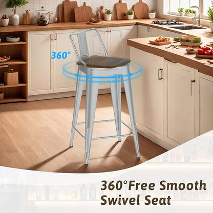 24 Inch Swivel Bar Stools Set of 4, Counter Height Bar Stools with Low Back, Metal Industrial Bar Chairs for Kitchen Island (Silver)