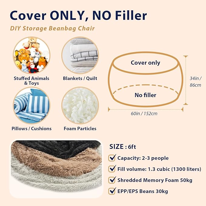 Bean Bag Covers Only, Fluffy Stuffed Beanbag Chair Covers No Filler, Washable Bean Bags Cover for Adults, Stuffed Animal Bean Bag Anti-Slip, 6FT, Blue
