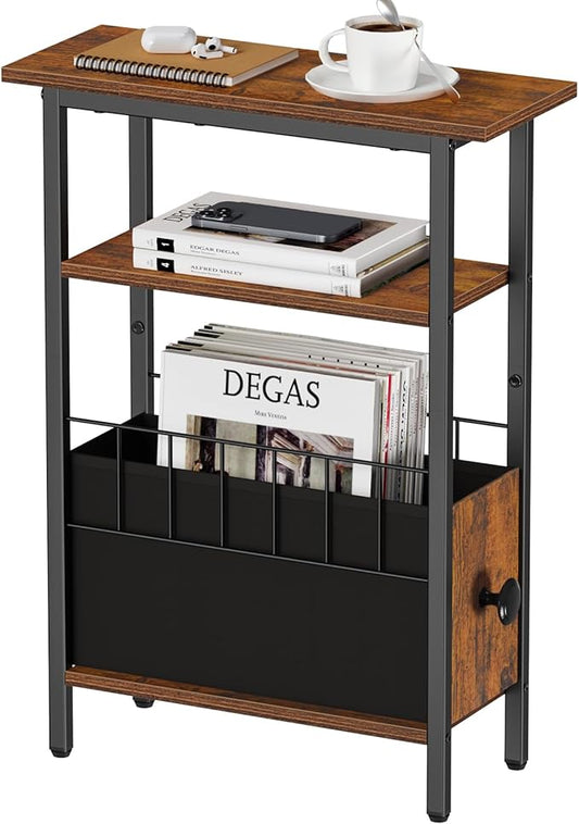 Snughome Narrow Side Table for Small Spaces, Slim End Table 3 Tier, Skinny Nightstand with Drawer, Sofa Beside Table with Storage Shelf for Living Room Bedroom