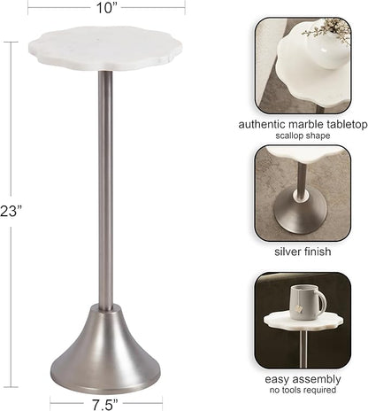 Kate and Laurel Sanzo Modern Pedestal Drink Table, 10 x 10 x 23, White Marble and Silver, Decorative End Table with Scalloped Marble Tabletop for Use as Small Plant Stand or Cute Martini Table