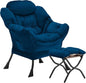 Lazy Chair with Folding Ottoman, Accent Chair Velvet Upholstered with Metal Structure and Non-Slip Pads, Sofa Armchair with Footrest and Side Storage Bag for Dorm, Room, Office, Blue