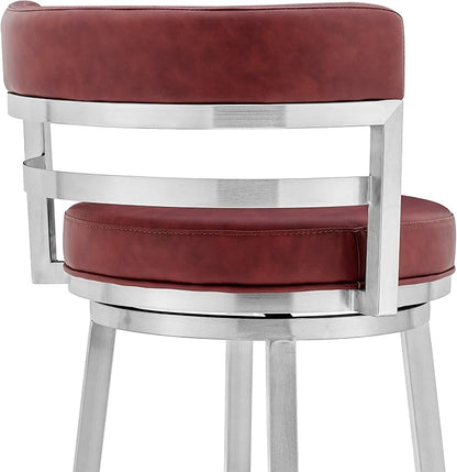 Armen Living Madrid 26" Seat Height Swivel Modern Red Faux Leather and Brushed Stainless Steel Bar Stool for Kitchen Island Counter