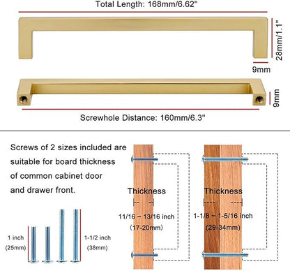 KOOFIZO 20-Pack Solid Square Bar Cabinet Handle - Brushed Gold Furniture Pull, 6.3 Inch/160mm Screwhole Distance for Kitchen Cupboard Door, Bedroom Dresser Drawer, Bathroom Wardrobe Hardware