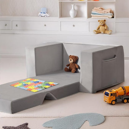Kids Couch, 2-in-1 Toddler Chair Comfy 1-3 Years Old, Convertible Kids Chair, Toddler Couch That Fold Out, Kid Lounge Chairs for Boys and Girls, Soft Coral Fleece, Grey