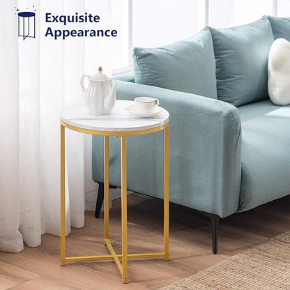 TECHMILLY Round End Table, Faux Marble Sofa Table, Accent Side Table with Metal Frame, Modern Gold Nightstand, Tall Coffee Table for Living Room, Bedroom