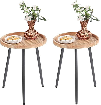 LITA 2 Pcs Rattan Log Desktop Round Side End Table, Nightstand/Small Tables, Indoor Outdoor Wooden Tray Table with Metal Stand End Table for Living Room Bedroom Office Small Spaces