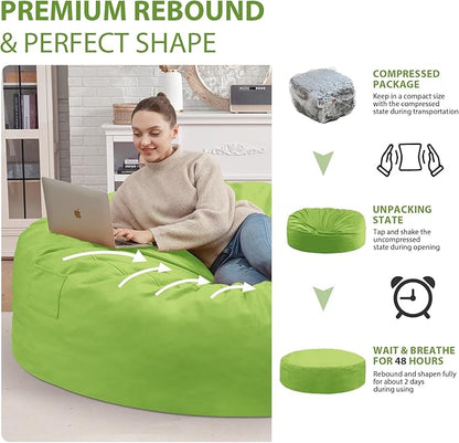 7FT Bean Bag Chair, Large Bean Bag Chairs with Memory Foam Filled, Fluffy Beanbag Sofa with Dutch Velvet Cover, Round BeanBag Chairs for Living Room, Playroom - Lime
