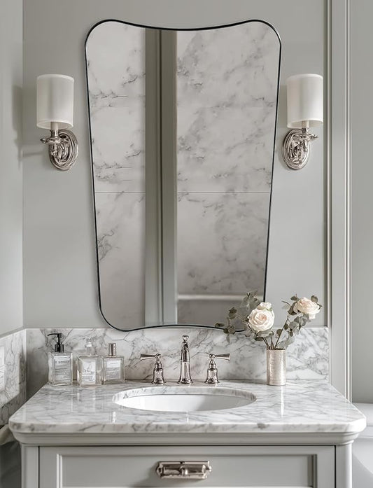 ANDY STAR Brushed Nickel Mirror 24x40 Inch, Silver Irregular Bathroom Mirror, Large Decorative Mirror in Anti-Rust Stainless Steel Metal Frame Deep 1’’, Ideal for Home Decor