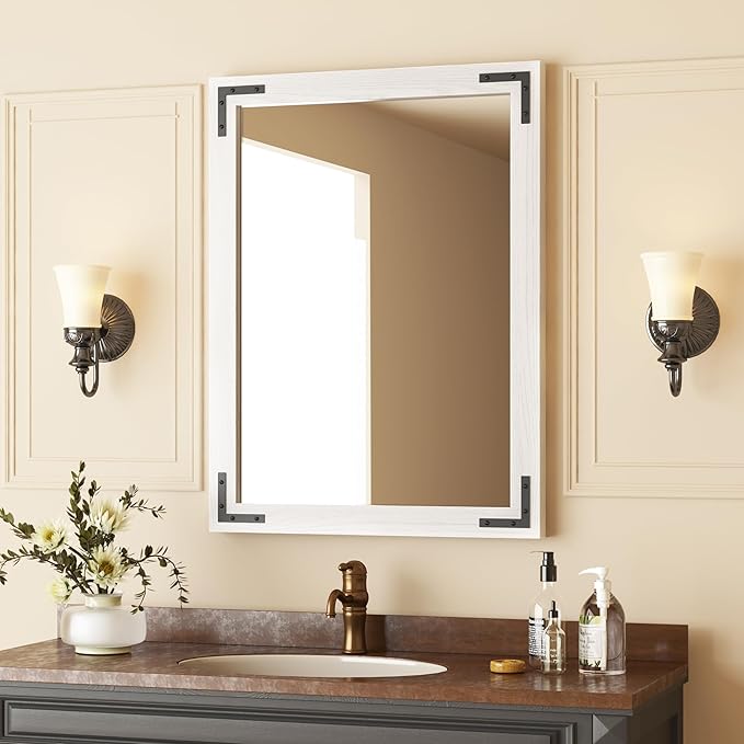 VocalStar White Wood Framed Mirror 22 x 30 Inch, Rustic Natural White Wooden Rectangle Bathroom Vanity Wall Mirror for Farmhouse Boho Decor, 1/4-inch Shatterproof Glass | Waterproof