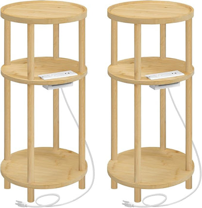HOOBRO Set of 2 Small Round Side Tables with Charging Station, 3-Tier Round Bamboo End Tables, Easy Assembly, for Living Room, Bedroom, Apartment, Natural YL152UBZP201
