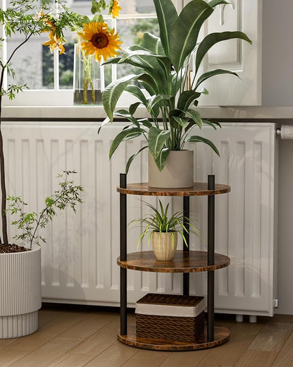Small Round End Table - 3 Tier Design Accent Table, Narrow Side or Bedside Stand, Industrial Vintage Nightstand for Bedroom, Living Room, or Small Spaces, Set of 2, Rustic Brown