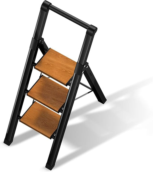 3 Step Ladder,Folding Step Stool with Aluminum Wide Pedal& Convenient Handgrip,330lbs Capacity Steel Ladder for Household and Office(Black &Woodgrain)