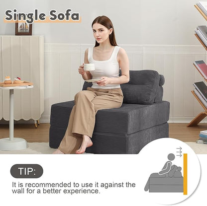 MeMoreCool Instant guest-ready comfort - Convertible sofa chair for small spaces & dorms, folds into a floor futon with pillow,removable machine-washable cover, no assembly,space-saving for overnights