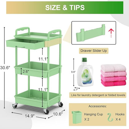 Goovilla 3 Tier Rolling Utility Cart Organizer with Removable Drawer, Stable and Sturdy Green Rolling Storage Carts with 2 Lockable Wheels for Bathroom, Kitchen, Snack, Craft, Makeup, Baby Essentials