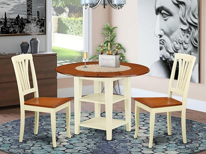 East West Furniture SUAV3-BMK-W 3 Piece Kitchen Table Set for Small Spaces Contains a Round Dining Table with Dropleaf & Shelves and 2 Dining Room Chairs, 42x42 Inch, Buttermilk & Cherry