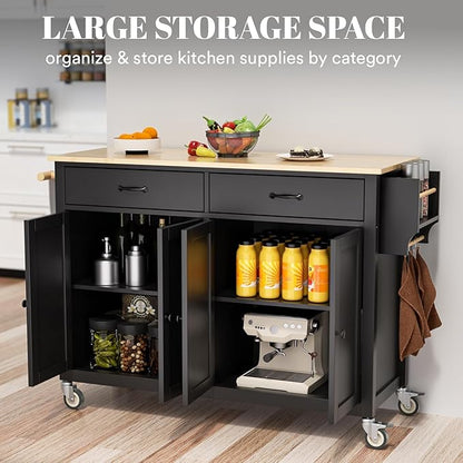 Rovibek Large Wood Island Table with Storage, 54 in Width, Portable Moveable Kitchen Island on Wheels, Black with Drawers Cabinet Spice Rack Towel Rack