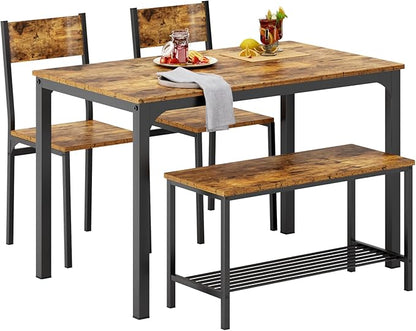 SogesHome 4-Piece Kitchen Table and 2 Chairs for 4 with Bench, Dining Table Set for Small Space, Apartment, Living-Room, Restaurant, Vintage Brown