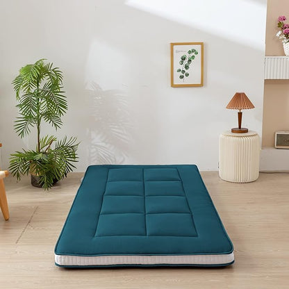 MAXYOYO Futon Mattress, Padded Japanese Floor Mattress Quilted Bed Mattress Topper, Extra Thick Folding Sleeping Pad Breathable Floor Lounger Guest Bed for Camping Couch, Bluestone, Twin Size