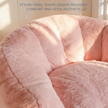 MAXYOYO Giant Bean Bag Chair, Oversized Bean Bag Couch for Adults and Kids, Faux Fur Shell-Shaped Large Chair with Filler, Stuffed Big Accent Sofa Lounge Floor Sofa for Gaming, Reading, Pink