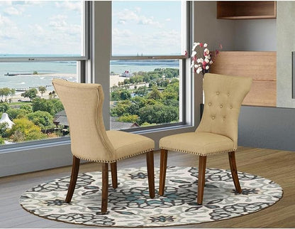 East West Furniture GAP8T03 Gallatin Parson Dining Chairs - Button Tufted Nailhead Trim Brown Linen Fabric Upholstered Chairs, Set of 2, Walnut