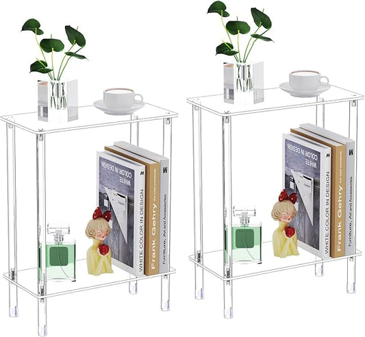 Clear Acrylic Narrow Side Table Set of 2 for Small Spaces, 15.75" L x 7.87" W x 19.82" H, 2 Tier Rectangle Slim End Table Nightstand, Small Bedside Table for Bedroom, Bathroom, Living Room