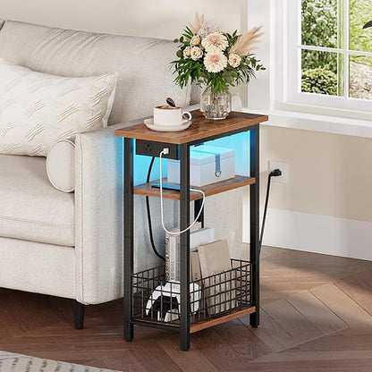 HOOBRO Narrow Side Table with Charging Station and LED Light, Set of 2, Small End Table with Storage, Skinny Nightstand Slim Bedside Table for Small Spaces, Living Room, Rustic Brown BF242UDBZP201