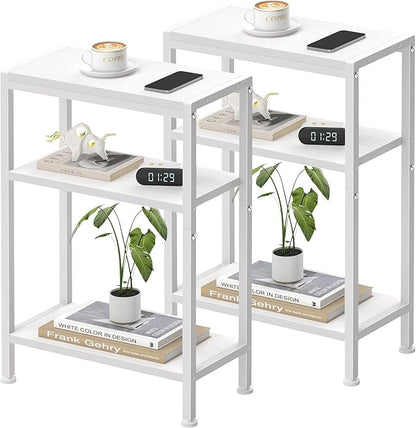 Narrow Side Table for Small Space Set of 2, 3-Tier Small End Table with Shelf Holder, Slim Nightstand, Skinny Snack Couch Table in Living Room, Bedroom, Study, Kitchen and Balcony（White
