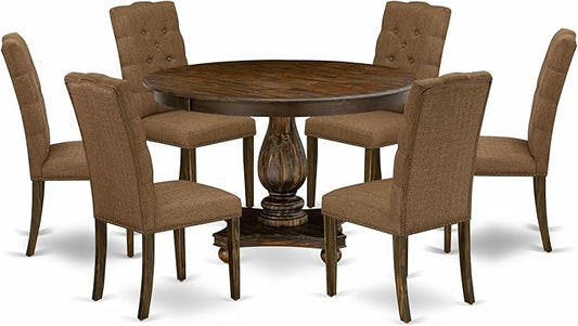 East West Furniture F2EL7-718 7 Piece Dining Table Set Consist of a Round Kitchen Table with Pedestal and 6 Brown Linen Linen Fabric Parson Dining Room Chairs, 48x48 Inch, Distressed Jacobean