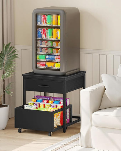End Table, 19.7 Inch Square Side Table, Mini Fridge Stand with Storage, Nightstand with Mobile Basket Cart, for Living Room, Bedroom, Black TBZ55BB