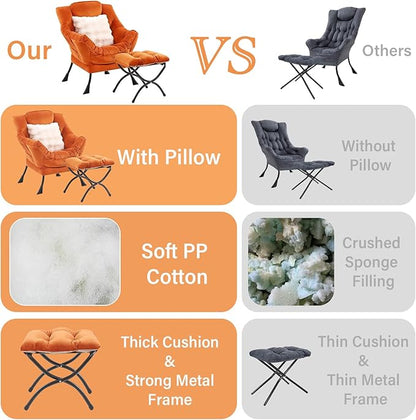 Lazy Chair with Ottoman, Comfy Reading Chair with Footstool & Throw Pillow Modern Lounge Accent Chair with Armrests & Side Pocket for Living Room, Bedroom, Dorm Room, Office