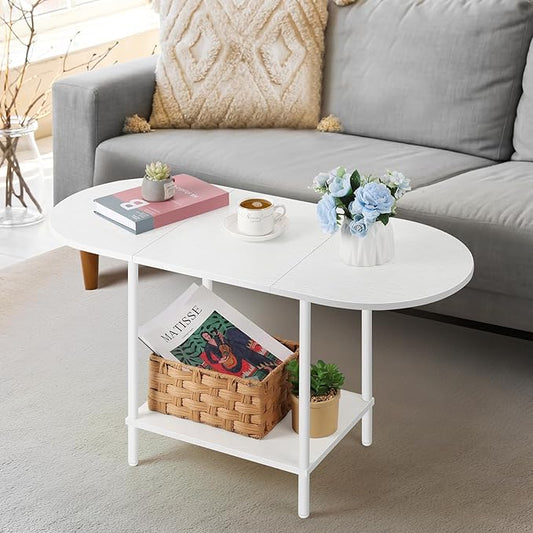 White Coffee Table for Living Room, Small Oval Coffee Table with Storage and Wood Tabletop, Mid Century Round Center Table for Small Space, Home Office