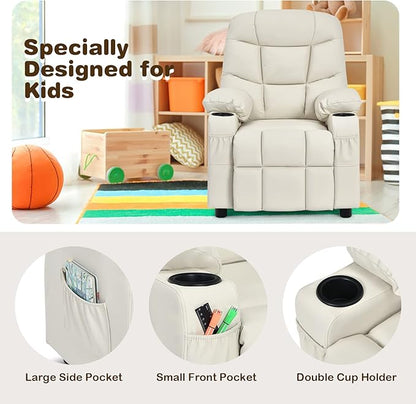 Costzon Kids Recliner Chair with Cup Holder, Adjustable Lounge Chair w/Footrest & Side Pockets for Children Boys Girls Room, Ergonomic Toddler Furniture Sofa, Kids Recliner (Beige)