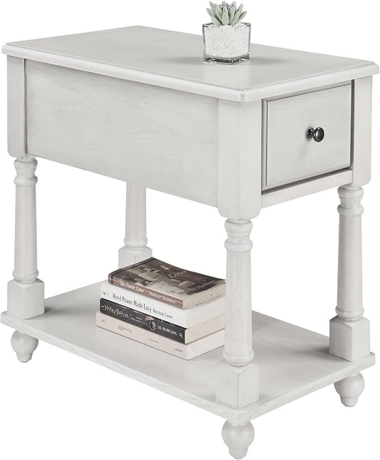 LEEMTORIG Solid Wood End Table Narrow Side Table with Drawer, Cherry Wood End Table Living Room, 13" W Slim Bedside Table Small Nightstand, 22" D x 22.7" H, No-Tools Assembly, Gray White BBJ-004-RW