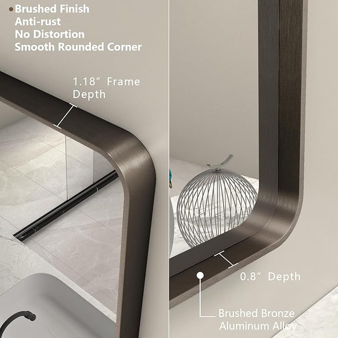 60x28 Bronze Bathroom Mirror for Wall, Brushed Bronze Metal Framed Bathroom Vanity Mirror, Rounded Corner, Shatterproof, Anti-Rust (Horizontal/Vertical)