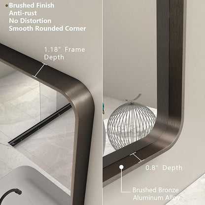 60x28 Bronze Bathroom Mirror for Wall, Brushed Bronze Metal Framed Bathroom Vanity Mirror, Rounded Corner, Shatterproof, Anti-Rust (Horizontal/Vertical)