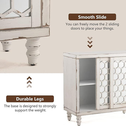 COSIEST 31.5" W Sideboard Buffet Cabinet with Mirrored Doors and Adjustable Shelf, Kitchen Storage Cabinet with Sliding Doors for Dining Room, Hallway, Living Room (White, Honeycomb Pattern)