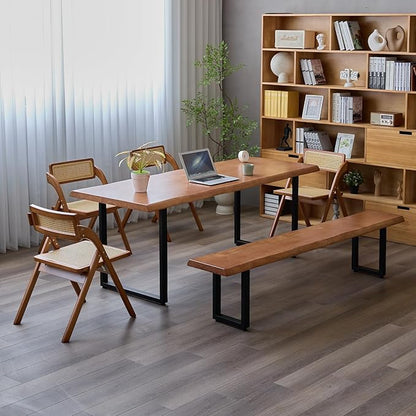 Stylish Brown Wooden Long Bench with Sturdy Metal Legs – Versatile Seating for Office, Restaurant, Living Room, and Meeting Room(Brown Bench, 55.12in)