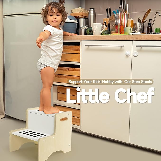 WOOD CITY Kids Step Stool for Toddler, Wooden Natural-White Patchwork Two Step Children's Stool with Handles, Bonus Non-Slip Pads for Safety, Bathroom Potty Stool & Kitchen Step Stools Dual Height