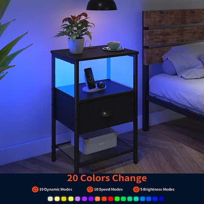 Sthmec Nightstands Set of 2, LED Bedside Tables with Charging Station and Fabric Drawer, Night Stand with Storage, 3 Tier Side Table with Open Shelf, LED Nightstand with Charging Station, Black